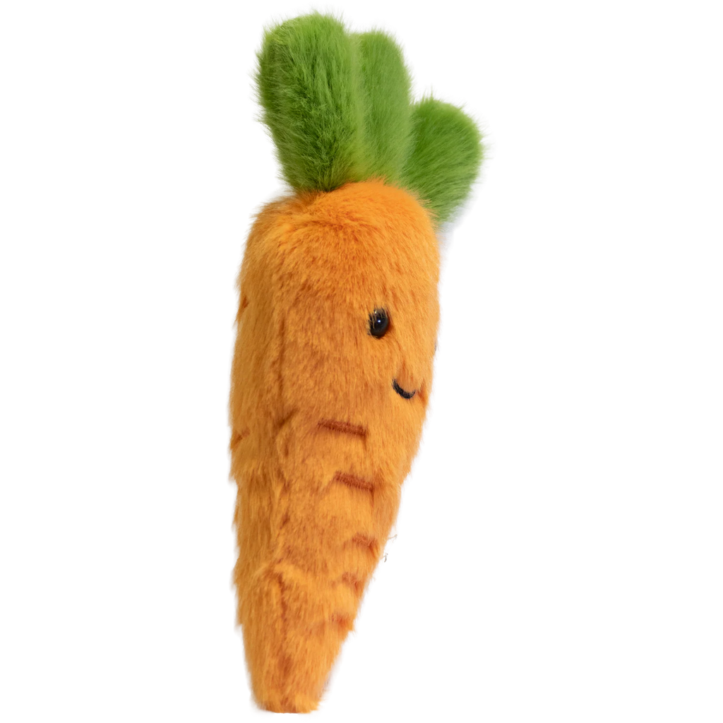 Cute plush carrot with vibrant orange body and fluffy green top. Features a smiling face and small, embroidered details on a white background.