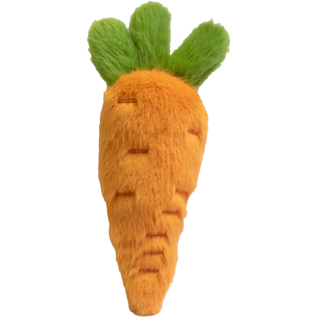 Cute plush carrot with vibrant orange body and fluffy green top. Features a smiling face and small, embroidered details on a white background.