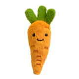 Cute plush carrot with vibrant orange body and fluffy green top. Features a smiling face and small, embroidered details on a white background.