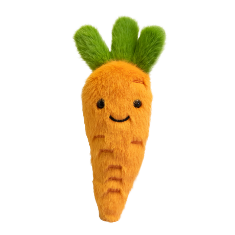 Cute plush carrot with vibrant orange body and fluffy green top. Features a smiling face and small, embroidered details on a white background.