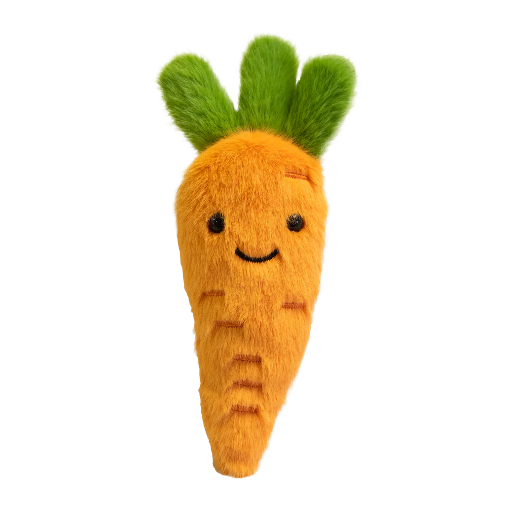 Cute plush carrot with vibrant orange body and fluffy green top. Features a smiling face and small, embroidered details on a white background.