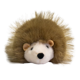 A plush hedgehog toy with a round, white face and soft, brown, spiky fur against a solid white background. The toy is cute and inviting.