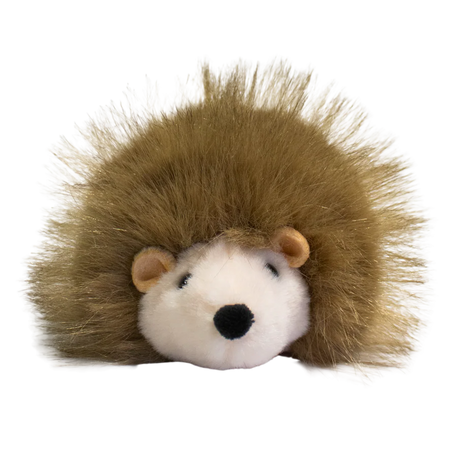 A plush hedgehog toy with a round, white face and soft, brown, spiky fur against a solid white background. The toy is cute and inviting.