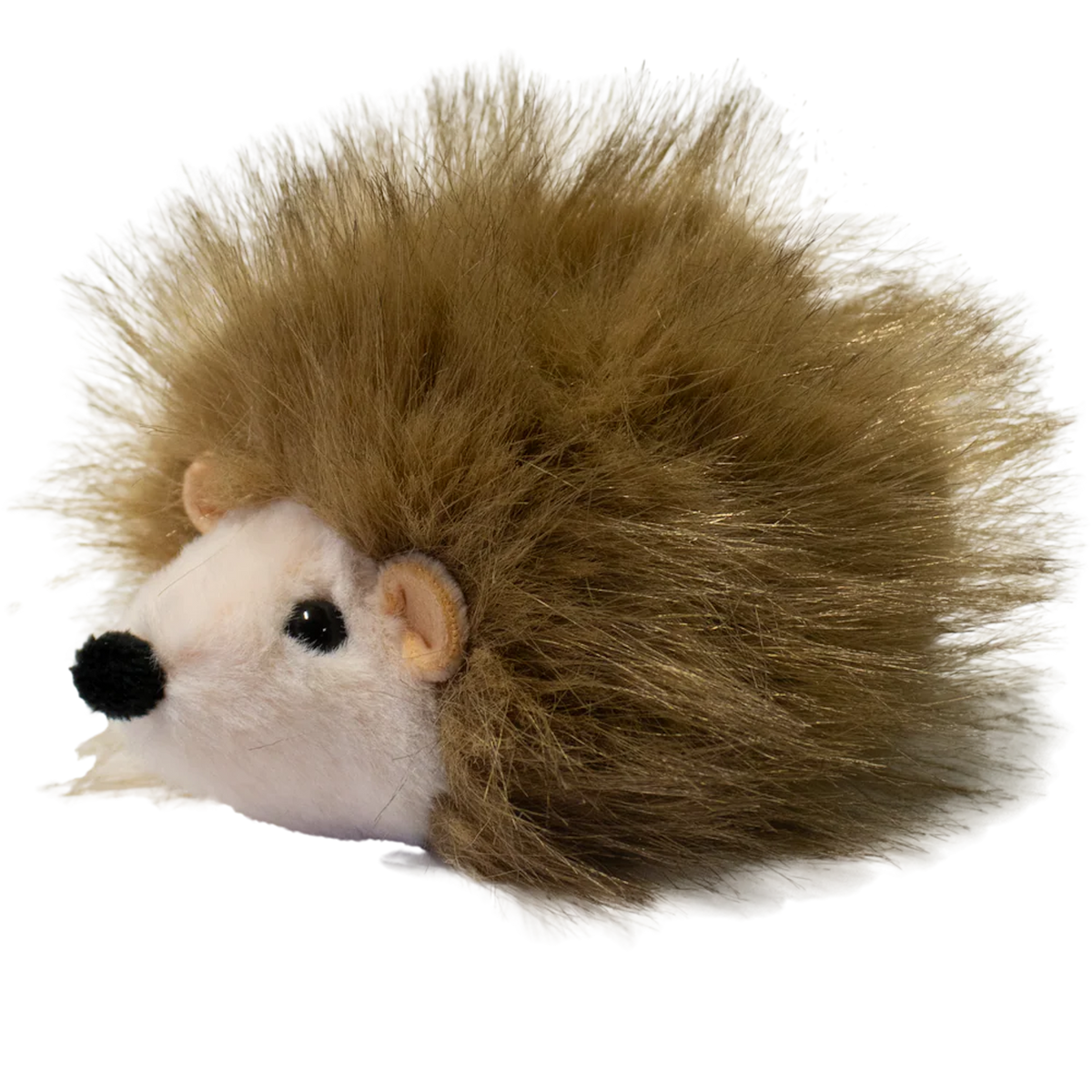 A plush hedgehog toy with a round, white face and soft, brown, spiky fur against a solid white background. The toy is cute and inviting.