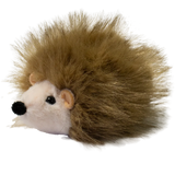 A plush hedgehog toy with a round, white face and soft, brown, spiky fur against a solid white background. The toy is cute and inviting.