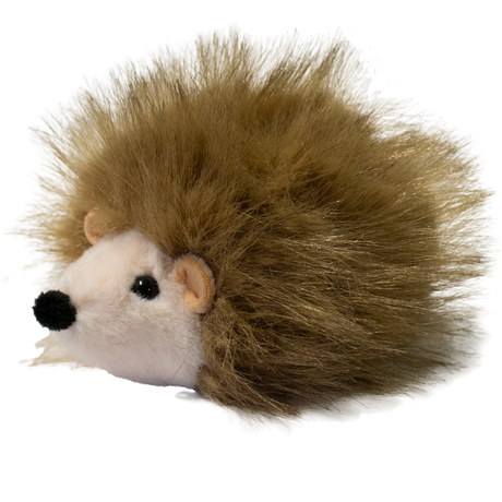 A plush hedgehog toy with a round, white face and soft, brown, spiky fur against a solid white background. The toy is cute and inviting.