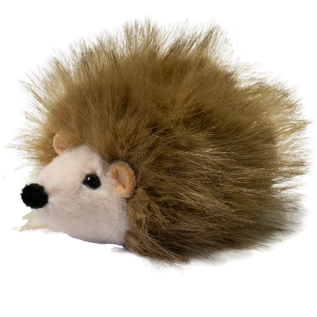 A plush hedgehog toy with a round, white face and soft, brown, spiky fur against a solid white background. The toy is cute and inviting.