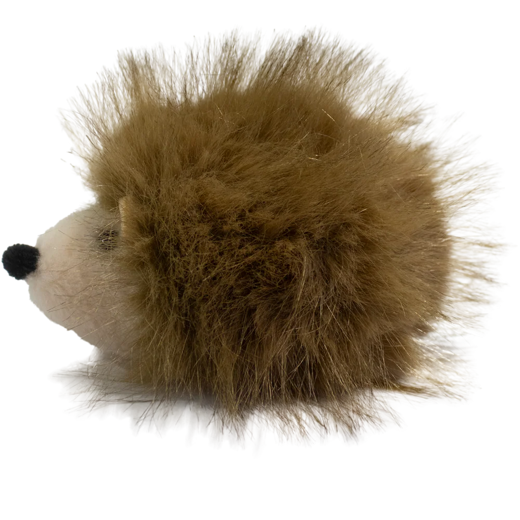 A plush hedgehog toy with a round, white face and soft, brown, spiky fur against a solid white background. The toy is cute and inviting.