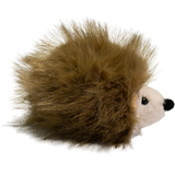 A plush hedgehog toy with a round, white face and soft, brown, spiky fur against a solid white background. The toy is cute and inviting.