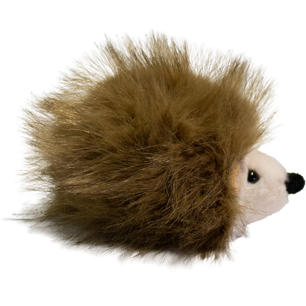 A plush hedgehog toy with a round, white face and soft, brown, spiky fur against a solid white background. The toy is cute and inviting.