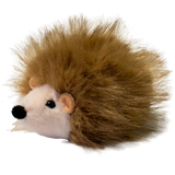 A plush hedgehog toy with a round, white face and soft, brown, spiky fur against a solid white background. The toy is cute and inviting.