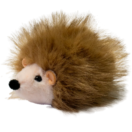 A plush hedgehog toy with a round, white face and soft, brown, spiky fur against a solid white background. The toy is cute and inviting.