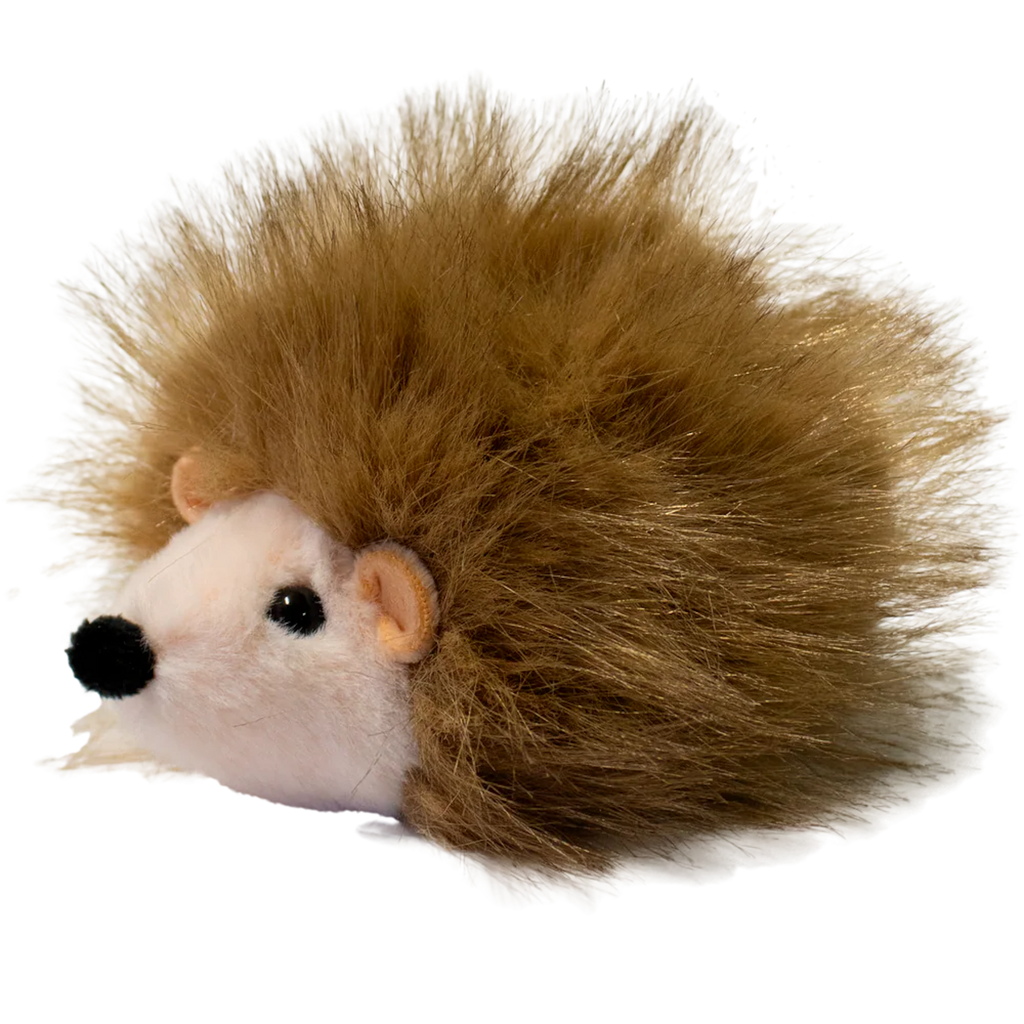 A plush hedgehog toy with a round, white face and soft, brown, spiky fur against a solid white background. The toy is cute and inviting.