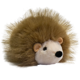 A plush hedgehog toy with a round, white face and soft, brown, spiky fur against a solid white background. The toy is cute and inviting.
