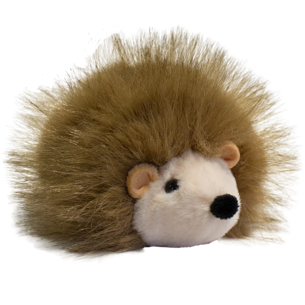 A plush hedgehog toy with a round, white face and soft, brown, spiky fur against a solid white background. The toy is cute and inviting.