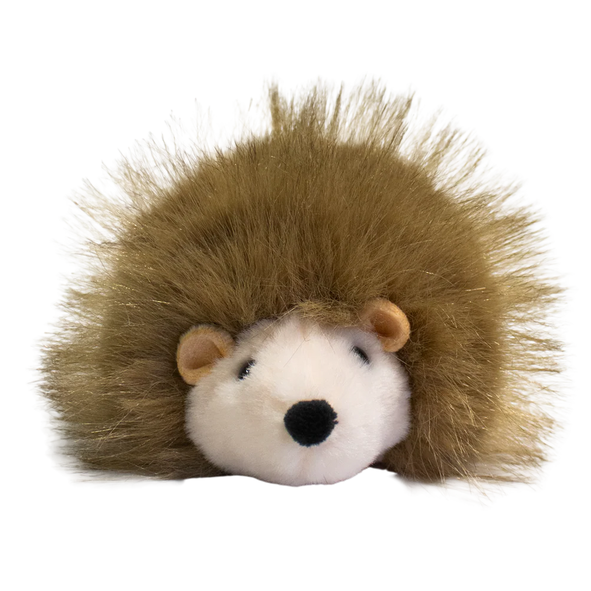A plush hedgehog toy with a round, white face and soft, brown, spiky fur against a solid white background. The toy is cute and inviting.