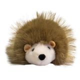 A plush hedgehog toy with a round, white face and soft, brown, spiky fur against a solid white background. The toy is cute and inviting.