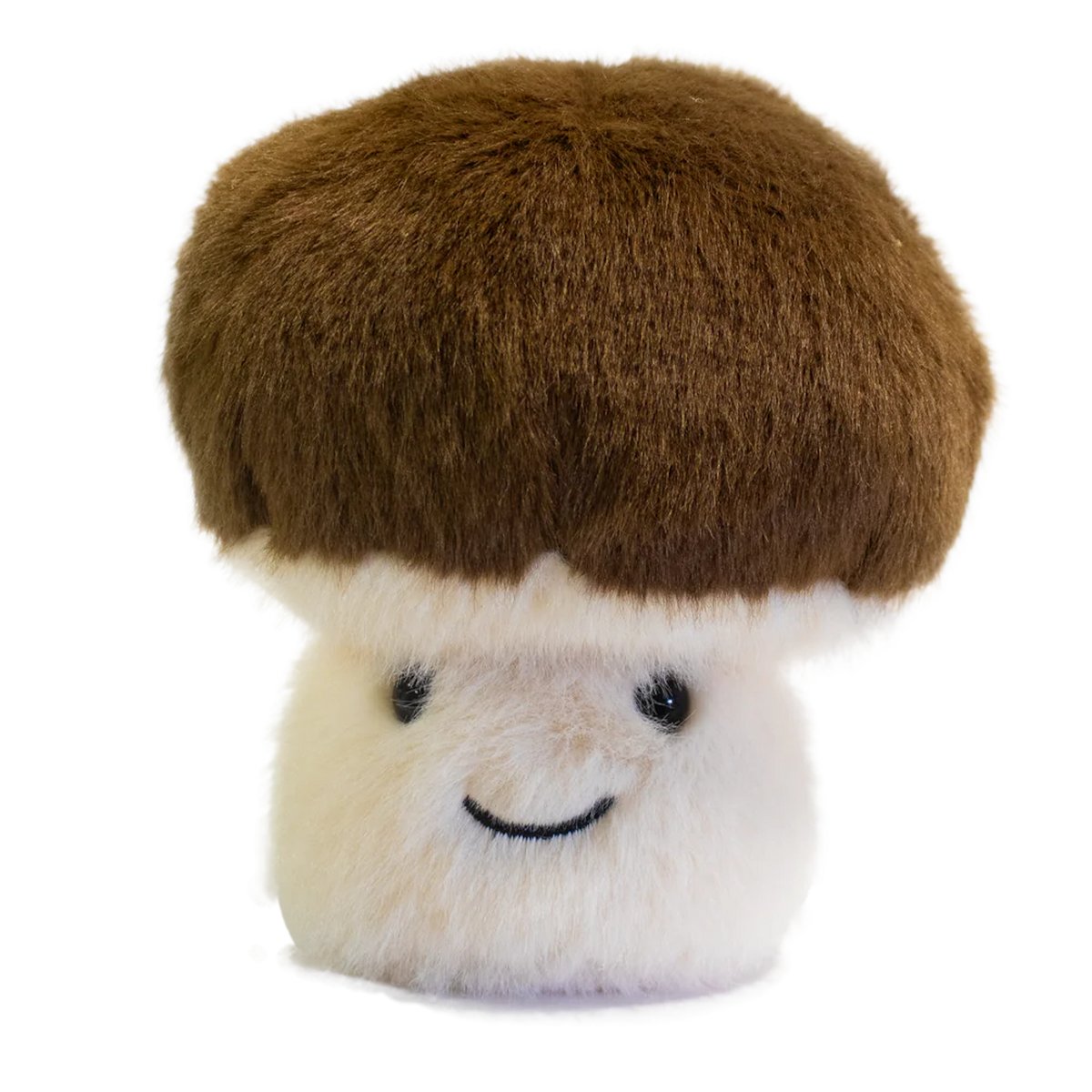 A plush toy shaped like a mushroom with a fluffy white stem and a round, brown cap. It has a smiling face, exuding a cute and cheerful vibe.