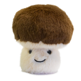 A plush toy shaped like a mushroom with a fluffy white stem and a round, brown cap. It has a smiling face, exuding a cute and cheerful vibe.