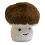 A plush toy shaped like a mushroom with a fluffy white stem and a round, brown cap. It has a smiling face, exuding a cute and cheerful vibe.