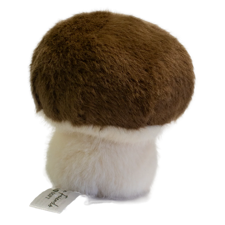A plush toy shaped like a mushroom with a fluffy white stem and a round, brown cap. It has a smiling face, exuding a cute and cheerful vibe.