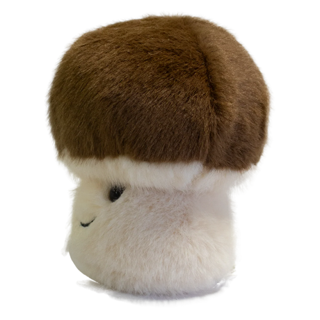 A plush toy shaped like a mushroom with a fluffy white stem and a round, brown cap. It has a smiling face, exuding a cute and cheerful vibe.