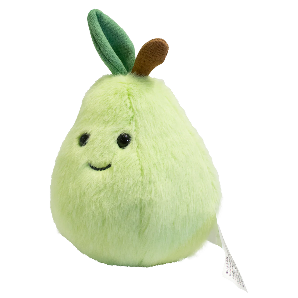 Cute plush toy shaped like a light green pear with a smiling face, black eyes, and a small brown stem and green leaf. Soft and cheerful appearance.