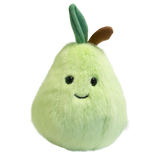 Cute plush toy shaped like a light green pear with a smiling face, black eyes, and a small brown stem and green leaf. Soft and cheerful appearance.
