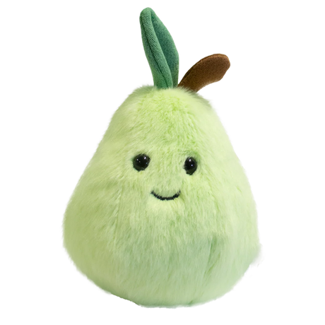 Cute plush toy shaped like a light green pear with a smiling face, black eyes, and a small brown stem and green leaf. Soft and cheerful appearance.