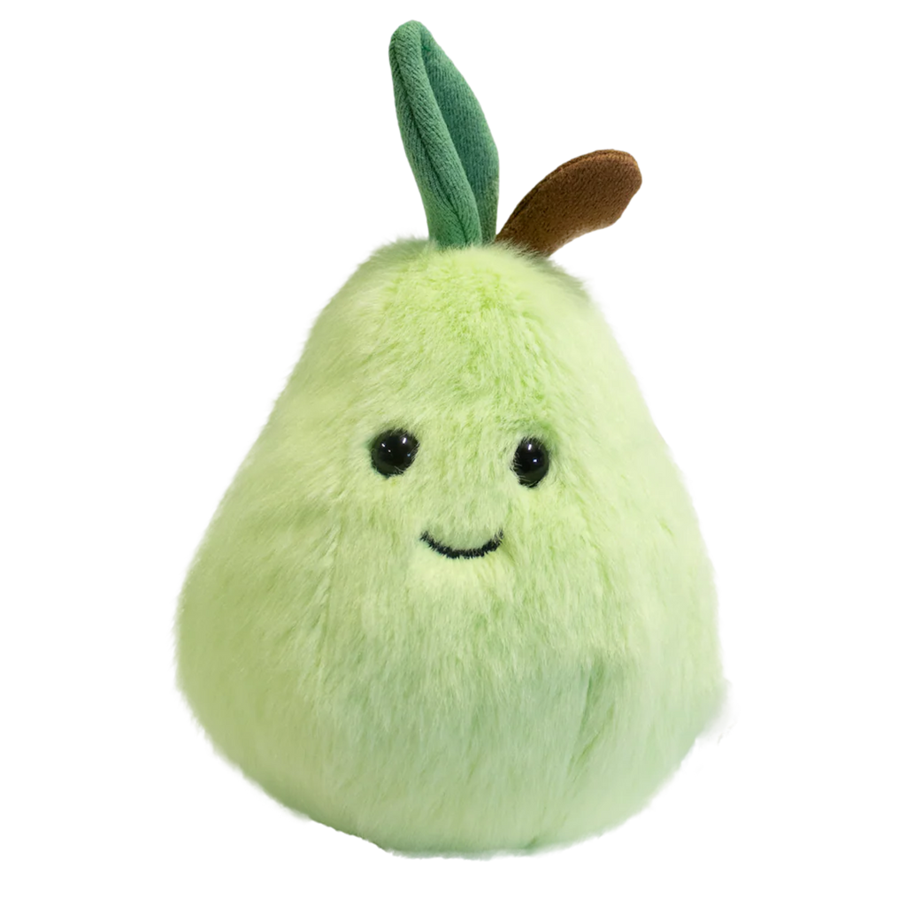 Cute plush toy shaped like a light green pear with a smiling face, black eyes, and a small brown stem and green leaf. Soft and cheerful appearance.