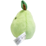 Cute plush toy shaped like a light green pear with a smiling face, black eyes, and a small brown stem and green leaf. Soft and cheerful appearance.