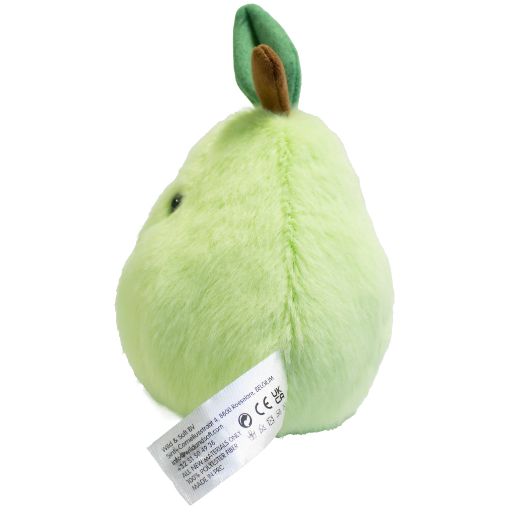 Cute plush toy shaped like a light green pear with a smiling face, black eyes, and a small brown stem and green leaf. Soft and cheerful appearance.