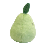 Cute plush toy shaped like a light green pear with a smiling face, black eyes, and a small brown stem and green leaf. Soft and cheerful appearance.