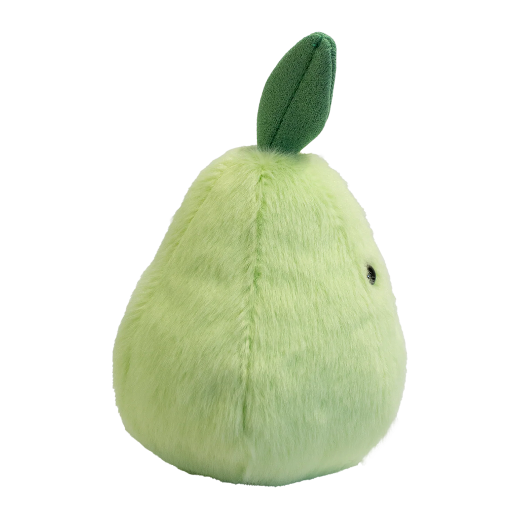 Cute plush toy shaped like a light green pear with a smiling face, black eyes, and a small brown stem and green leaf. Soft and cheerful appearance.