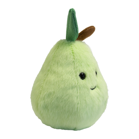 Cute plush toy shaped like a light green pear with a smiling face, black eyes, and a small brown stem and green leaf. Soft and cheerful appearance.