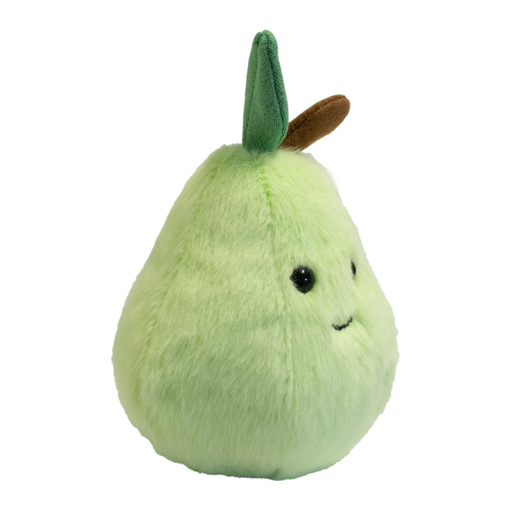 Cute plush toy shaped like a light green pear with a smiling face, black eyes, and a small brown stem and green leaf. Soft and cheerful appearance.