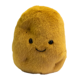 A plush, golden-brown potato-shaped toy with a cute smiling face and black eyes. The simple design conveys a playful and friendly tone.