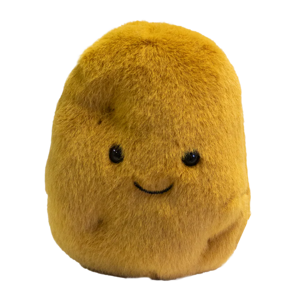 A plush, golden-brown potato-shaped toy with a cute smiling face and black eyes. The simple design conveys a playful and friendly tone.