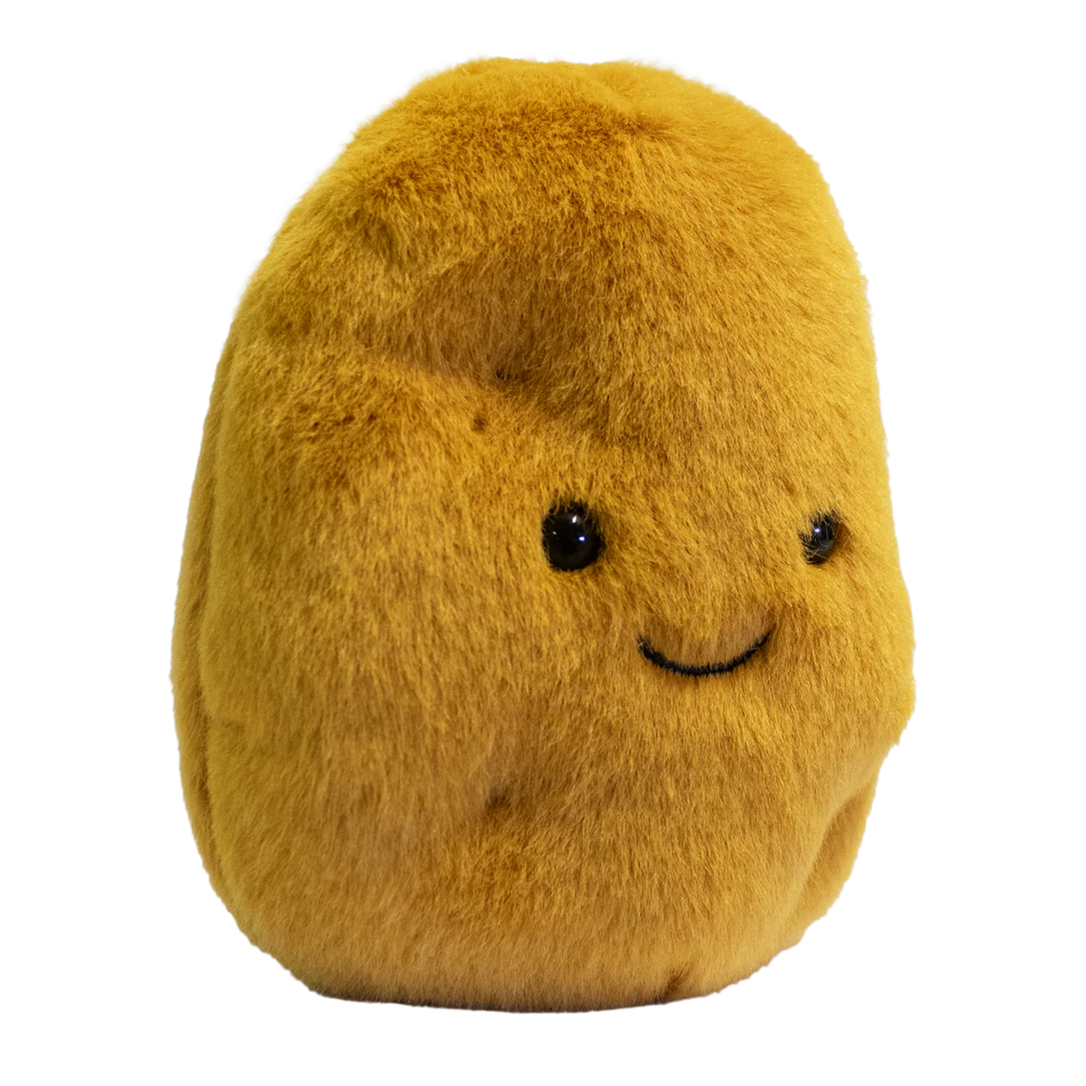 A plush, golden-brown potato-shaped toy with a cute smiling face and black eyes. The simple design conveys a playful and friendly tone.