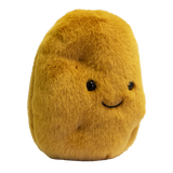 A plush, golden-brown potato-shaped toy with a cute smiling face and black eyes. The simple design conveys a playful and friendly tone.