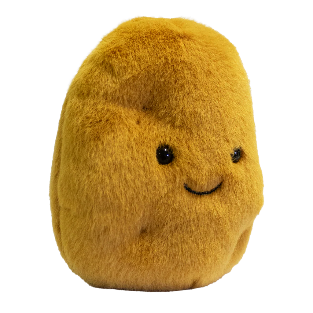 A plush, golden-brown potato-shaped toy with a cute smiling face and black eyes. The simple design conveys a playful and friendly tone.