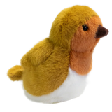 A plush toy resembling a bird with fluffy brown and orange feathers, black beady eyes, and a small brown beak, set against a solid white background.