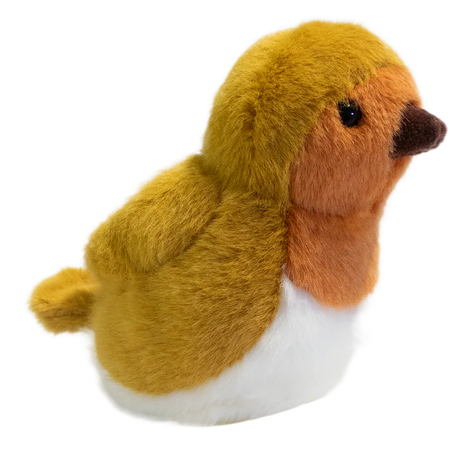 A plush toy resembling a bird with fluffy brown and orange feathers, black beady eyes, and a small brown beak, set against a solid white background.