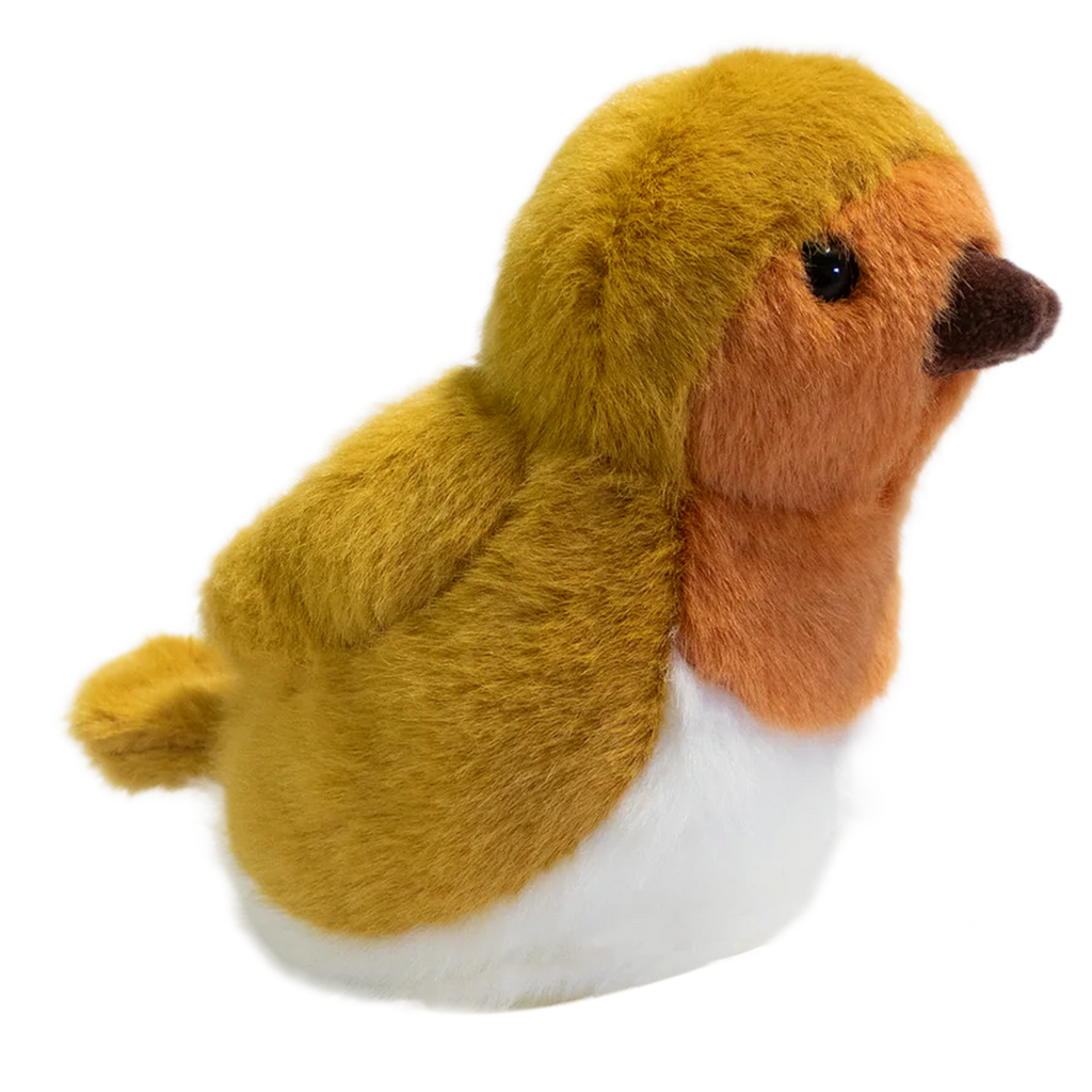 A plush toy resembling a bird with fluffy brown and orange feathers, black beady eyes, and a small brown beak, set against a solid white background.