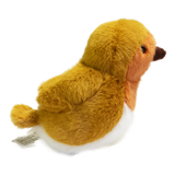 A plush toy resembling a bird with fluffy brown and orange feathers, black beady eyes, and a small brown beak, set against a solid white background.