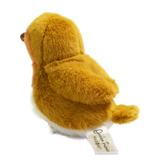 A plush toy resembling a bird with fluffy brown and orange feathers, black beady eyes, and a small brown beak, set against a solid white background.