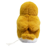 A plush toy resembling a bird with fluffy brown and orange feathers, black beady eyes, and a small brown beak, set against a solid white background.