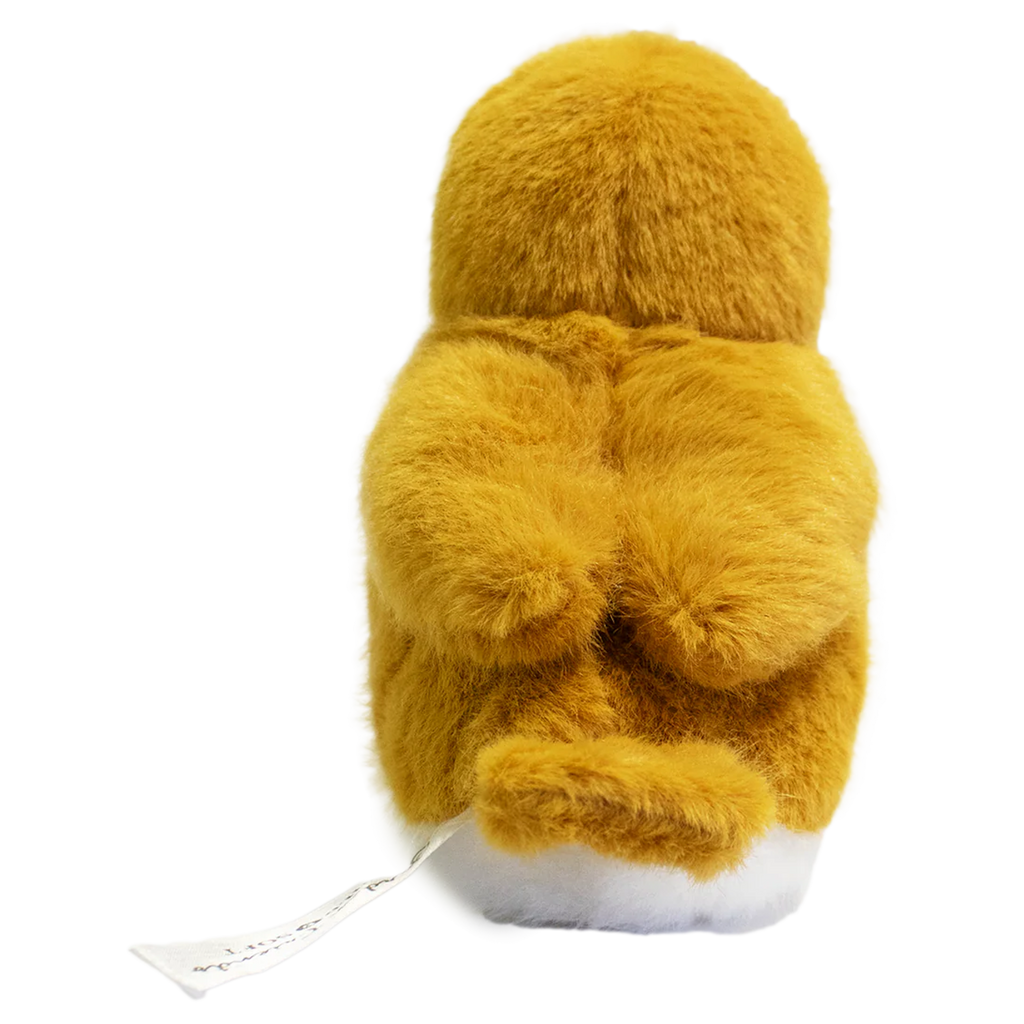 A plush toy resembling a bird with fluffy brown and orange feathers, black beady eyes, and a small brown beak, set against a solid white background.