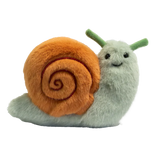 A plush snail toy with a fluffy orange shell and a smiling green body, featuring green antennae, set against a plain white background.
