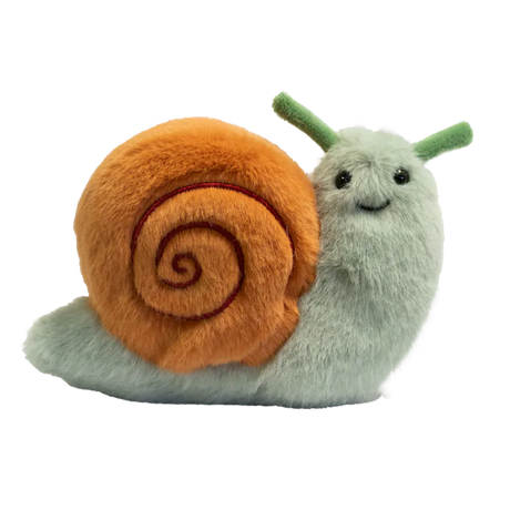 A plush snail toy with a fluffy orange shell and a smiling green body, featuring green antennae, set against a plain white background.